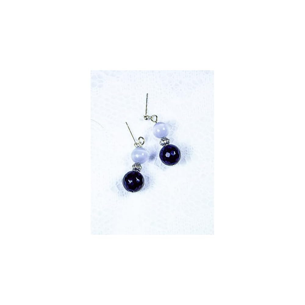 Cynthia Lynn "AUDREY" Black Onyx and Grey Cats Eyel Beaded Silver Drop Earrings