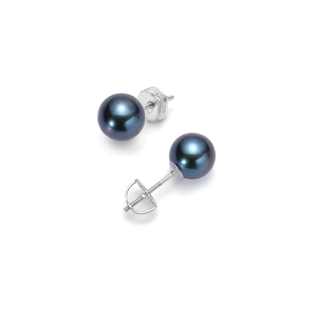 Black Pearl Stud Earrings Security Screw Back Akoya Round Pearl