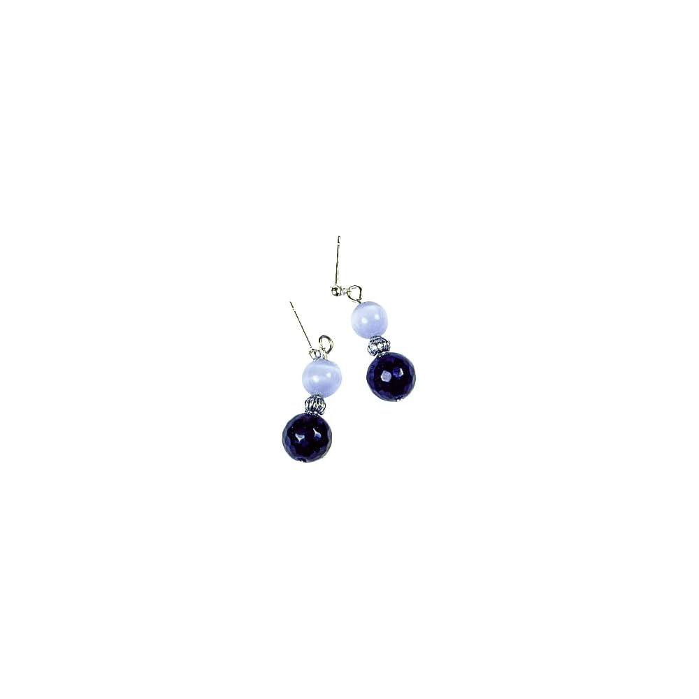 Cynthia Lynn "AUDREY" Black Onyx and Grey Cats Eyel Beaded Silver Drop Earrings