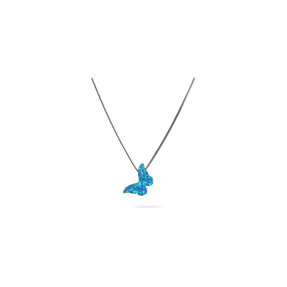 AVNIS Opal Butterfly Necklace Gift for Women Girl Teens Delicate Synthetic Opal jewelry Sterling Silver 925 Box Chain 16"+extension