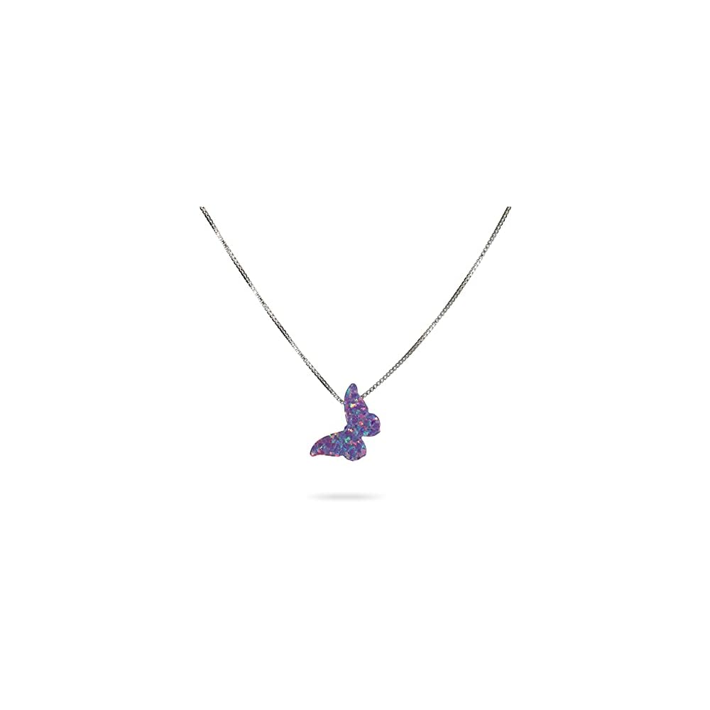 AVNIS Opal Butterfly Necklace Gift for Women Girl Teens Delicate Synthetic Opal jewelry Sterling Silver 925 Box Chain 16"+extension