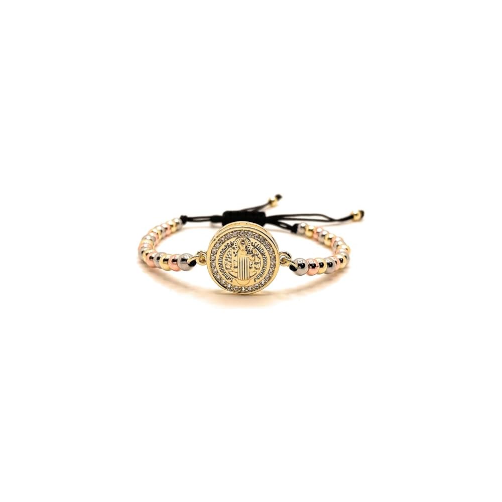 Saint Benedict Bead Bracelet, Religious Adjustable Bracelet, San Benito Catholic Gold Bracelet with St Benedict Medal