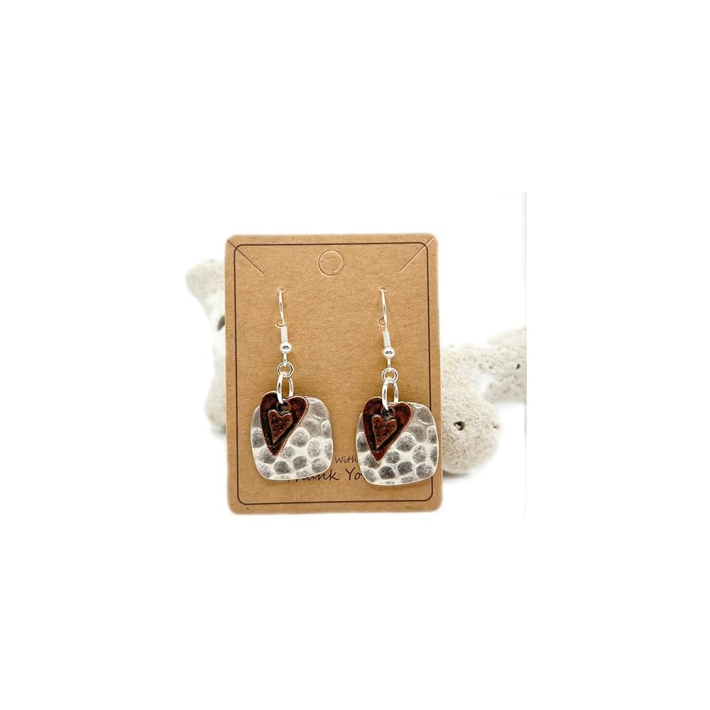 Copper Heart Hammered Silver Earrings, Bohemian Jewelry