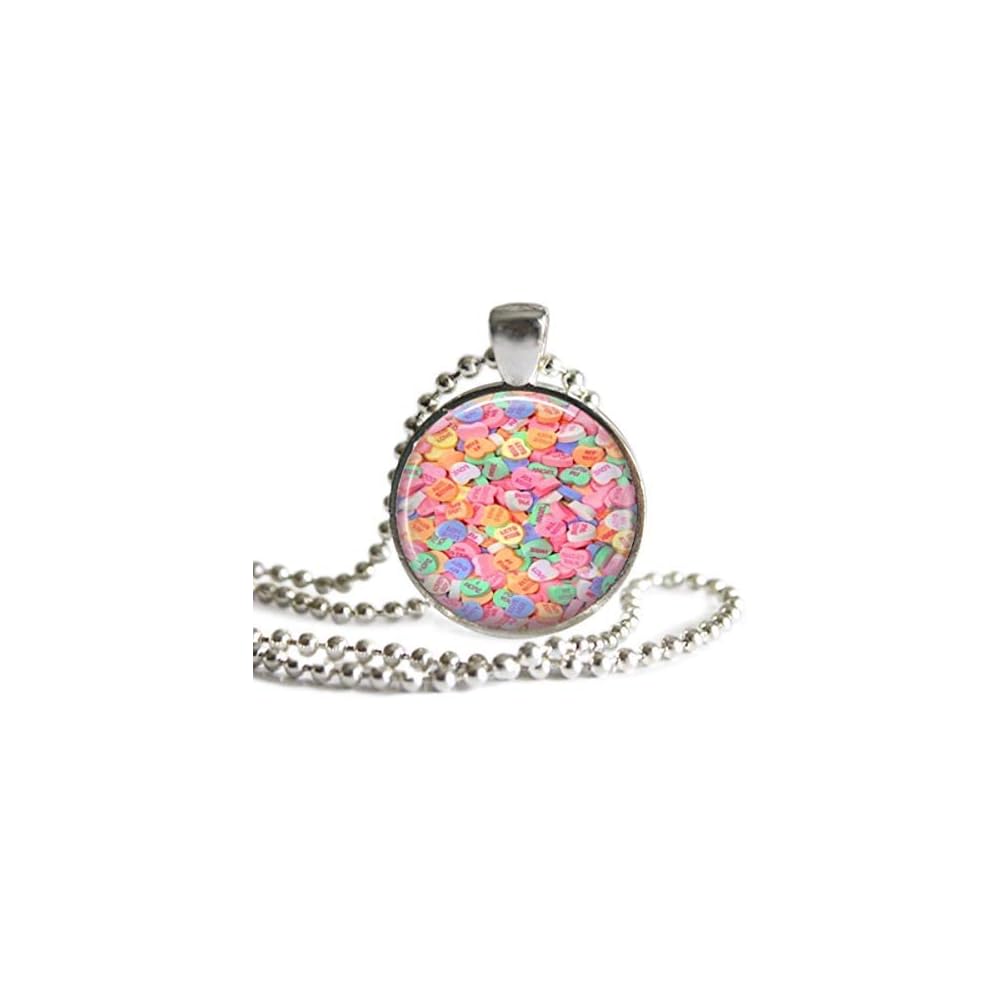 The Spider's Parlor Valentine Candy Conversation Heart 1 Inch Silver Plated Pendant 24 Inch Stainless Steel Necklace Handmade