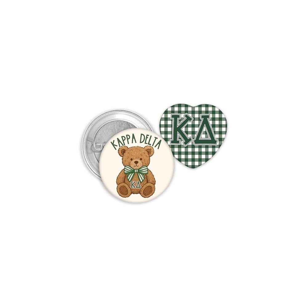 Kappa Delta Pin Set, KD Teddy Bear and Gingham Heart Sorority Buttons