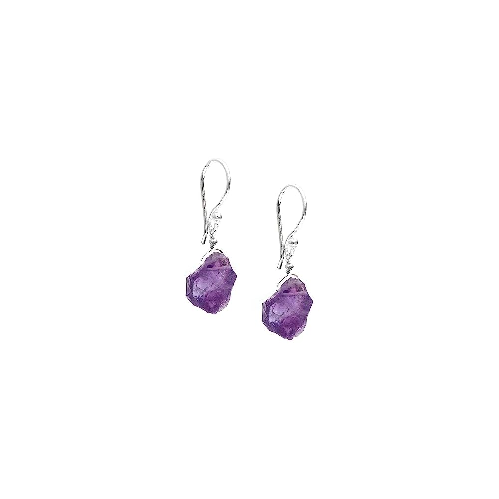 Gempires Raw Purple Amethyst Crystal Gemstone Earrings February Birthstone Jewelry Hypoallergenic Silver Plated Minimalist Everyday Wear Dangling Earrings For Women