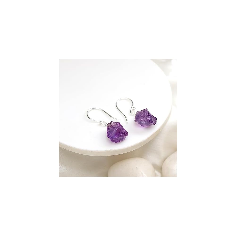 Gempires Raw Purple Amethyst Crystal Gemstone Earrings February Birthstone Jewelry Hypoallergenic Silver Plated Minimalist Everyday Wear Dangling Earrings For Women