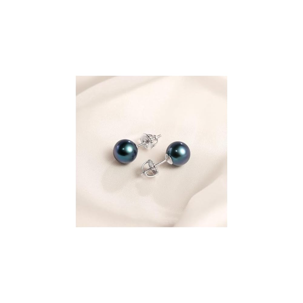 Black Pearl Stud Earrings Security Screw Back Akoya Round Pearl