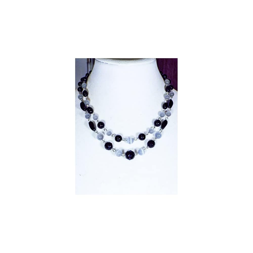 Cynthia Lynn "AUDREY" Black Onyx and Grey Cats Eyel Beaded Silver Drop Earrings