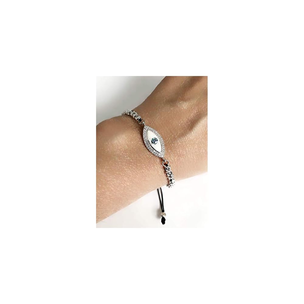 Evil Eye Cubic Zirconia Adjustable Silver Tone Bracelet