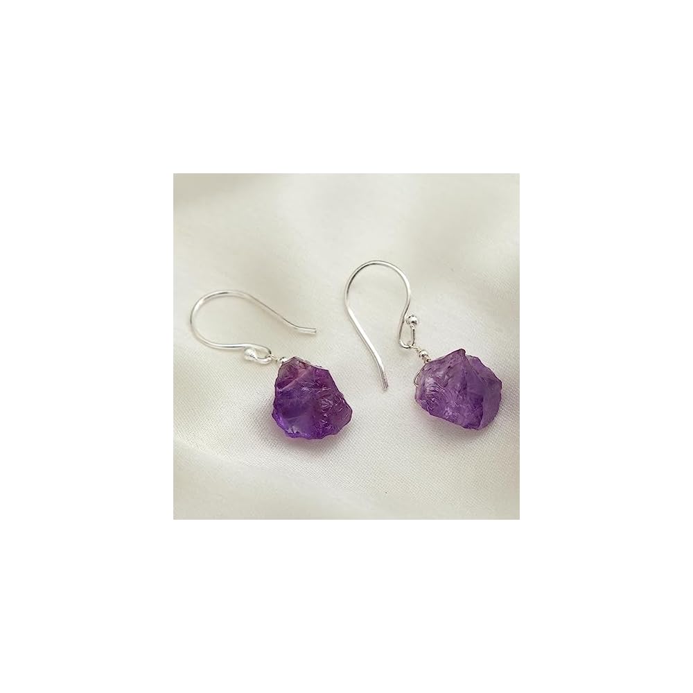 Gempires Raw Purple Amethyst Crystal Gemstone Earrings February Birthstone Jewelry Hypoallergenic Silver Plated Minimalist Everyday Wear Dangling Earrings For Women