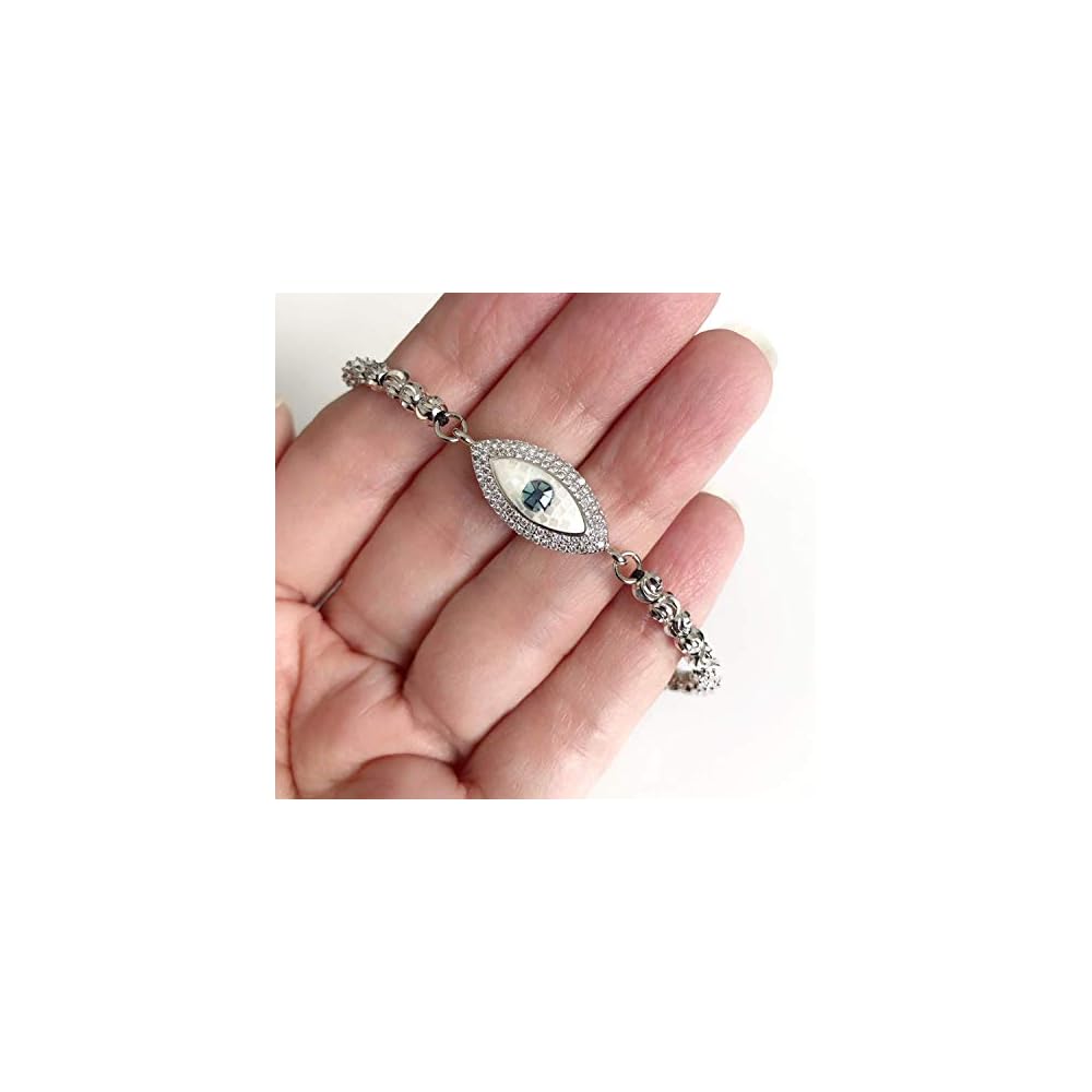 Evil Eye Cubic Zirconia Adjustable Silver Tone Bracelet