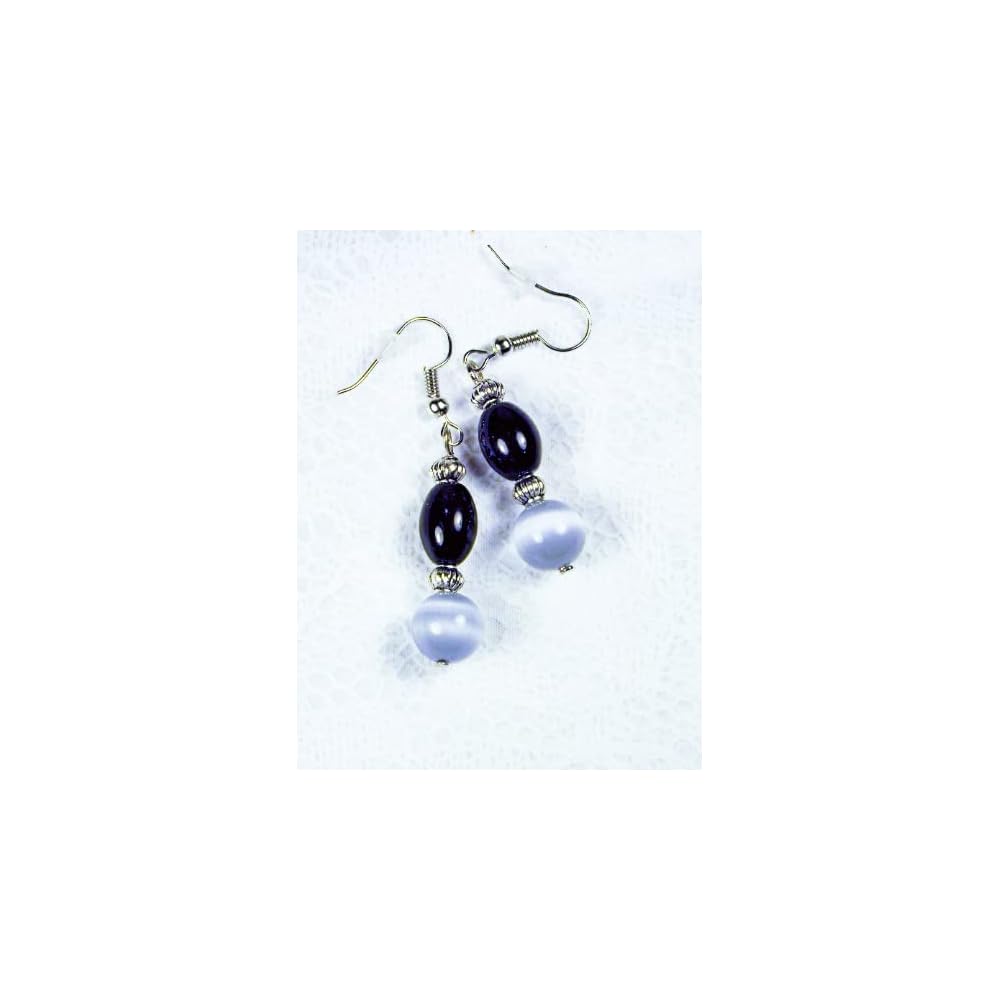 Cynthia Lynn "AUDREY" Black Onyx and Grey Cats Eyel Beaded Silver Drop Earrings