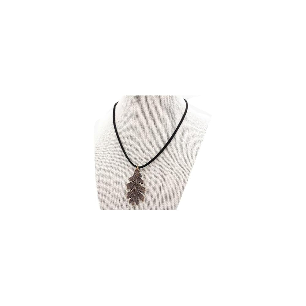 Oak Leaf Necklace Bronze Plated Oak Leaf Synthetic Suede Cord Long Necklace Woodland Treasure Jewelry Party Costume Accessory
