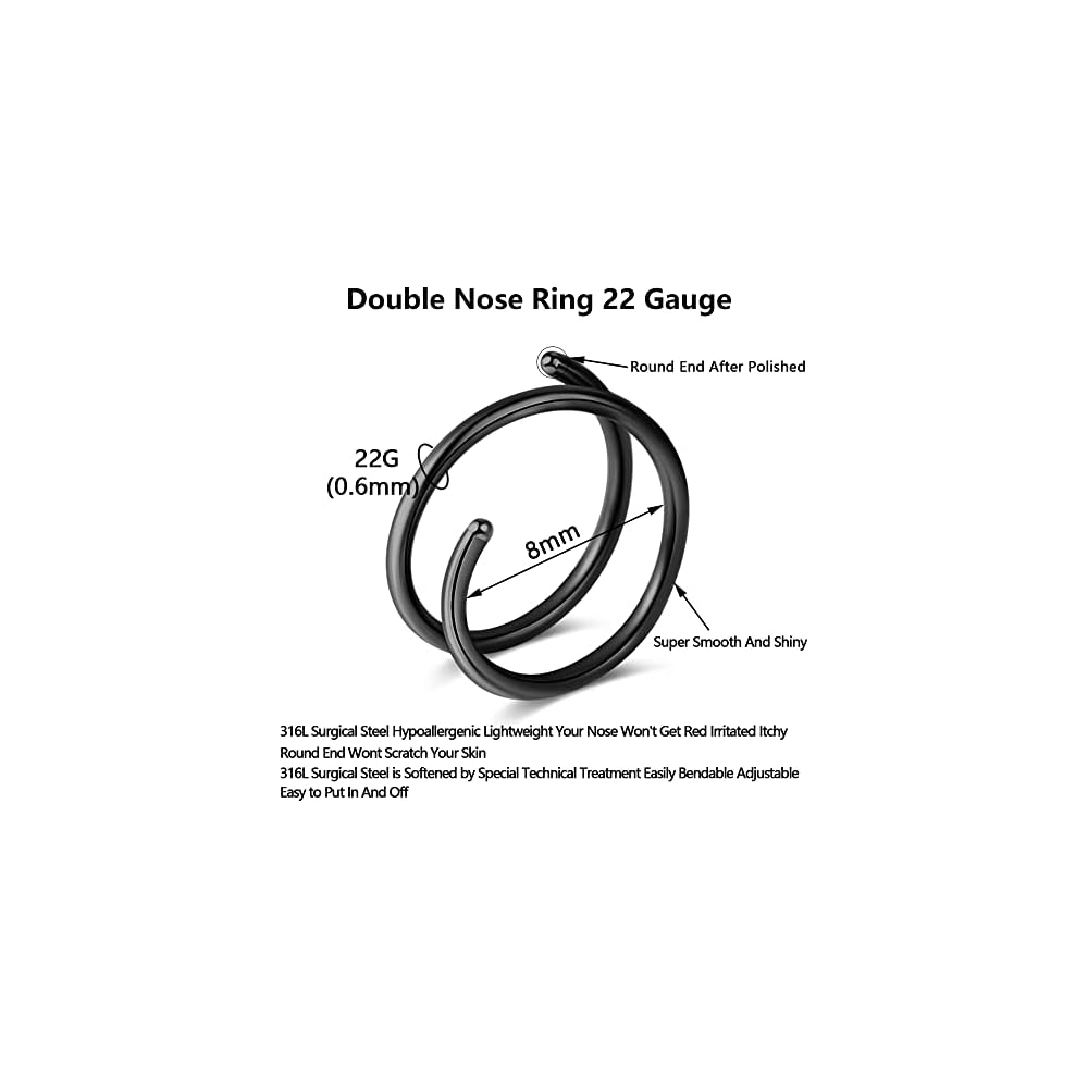 1-15PCS Double Hoop Nose Ring for Single Piercing 18G 20G 22G Spiral Nose Rings Hoops 18 20 22 Gauge Surgical Steel Twist Nose Piercing Jewelry Nostril for Women Girls Men Hypoallergenic Pack Easy Bendable 6mm 8mm 10mm