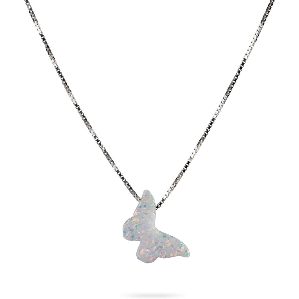 AVNIS Opal Butterfly Necklace Gift for Women Girl Teens Delicate Synthetic Opal jewelry Sterling Silver 925 Box Chain 16"+extension