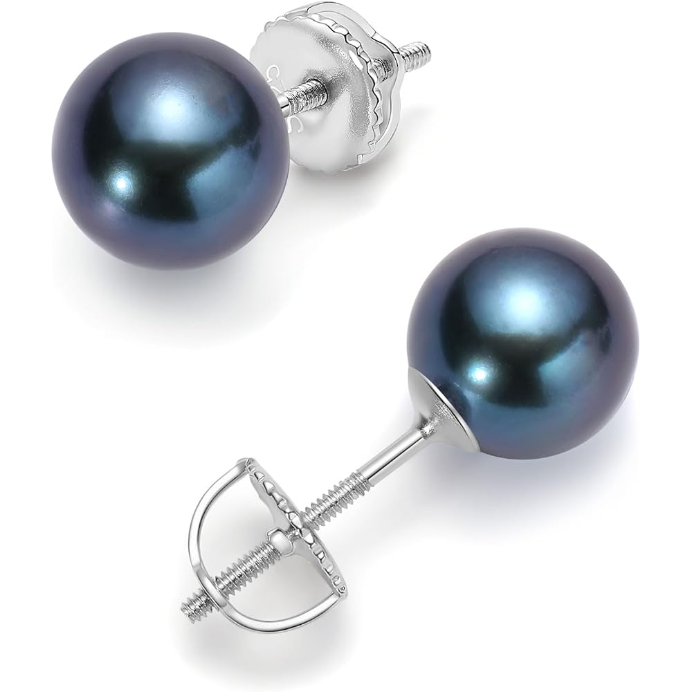 Black Pearl Stud Earrings Security Screw Back Akoya Round Pearl
