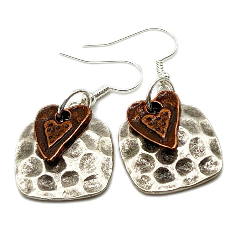 Copper Heart Hammered Silver Earrings, Bohemian Jewelry