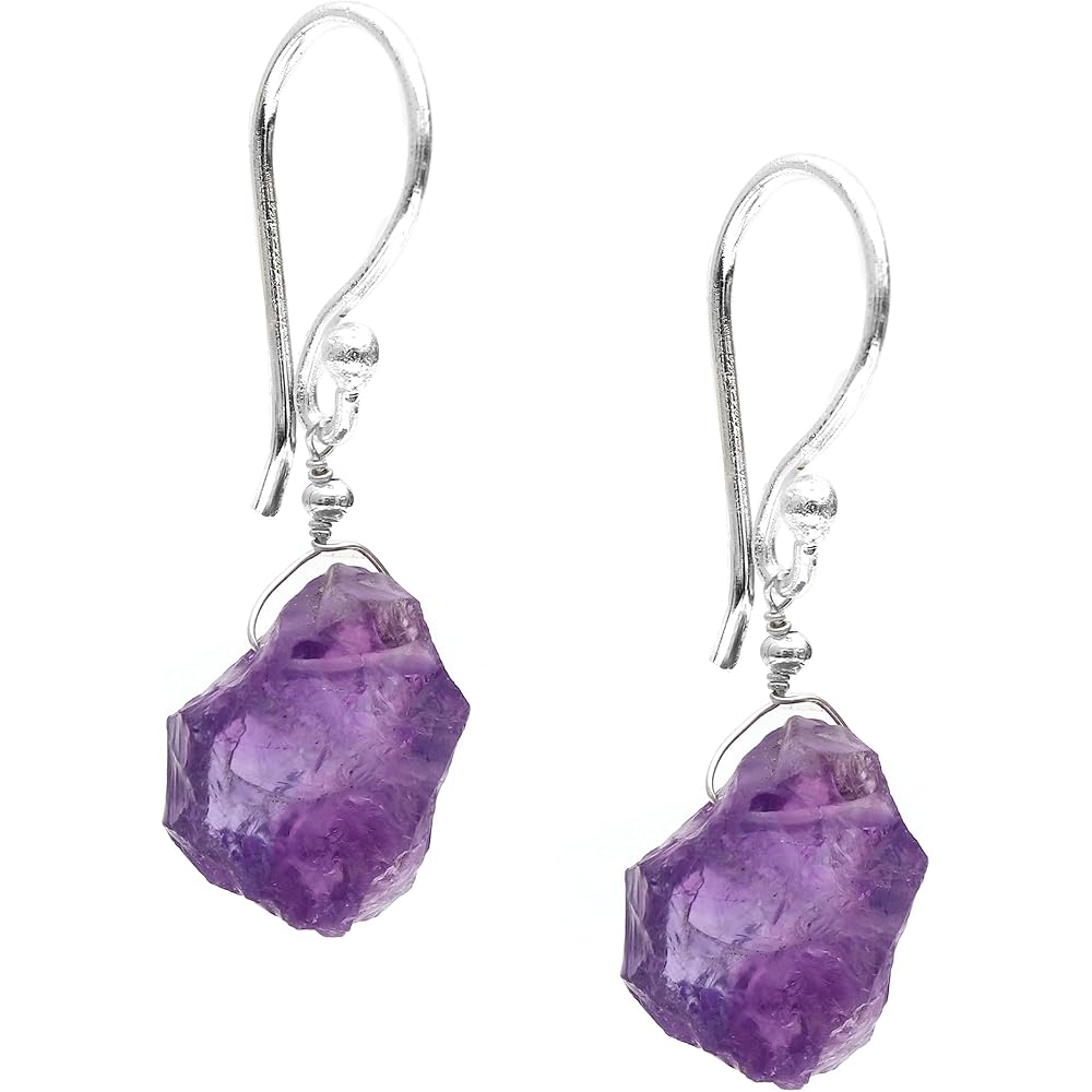 Gempires Raw Purple Amethyst Crystal Gemstone Earrings February Birthstone Jewelry Hypoallergenic Silver Plated Minimalist Everyday Wear Dangling Earrings For Women